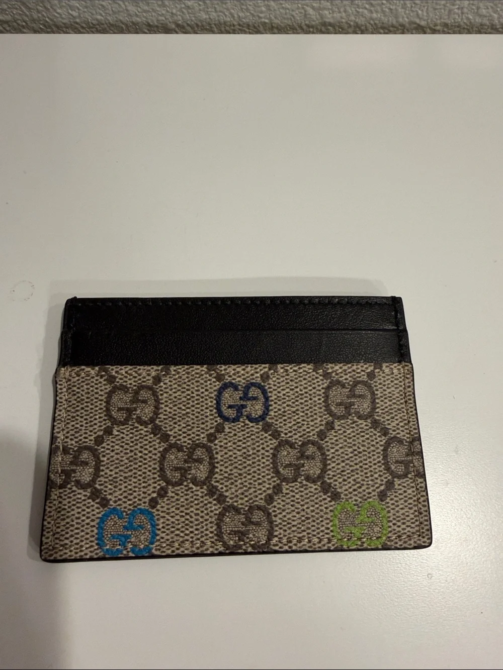 Gucci Black Trim Beige GG Canvas Card Holder with Multicolor GG Motifs